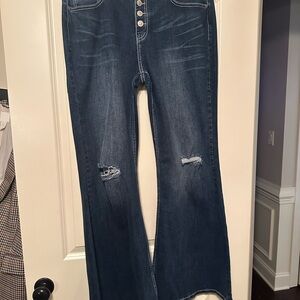Blue Flare Wide Leg Jeans with Distressed Details